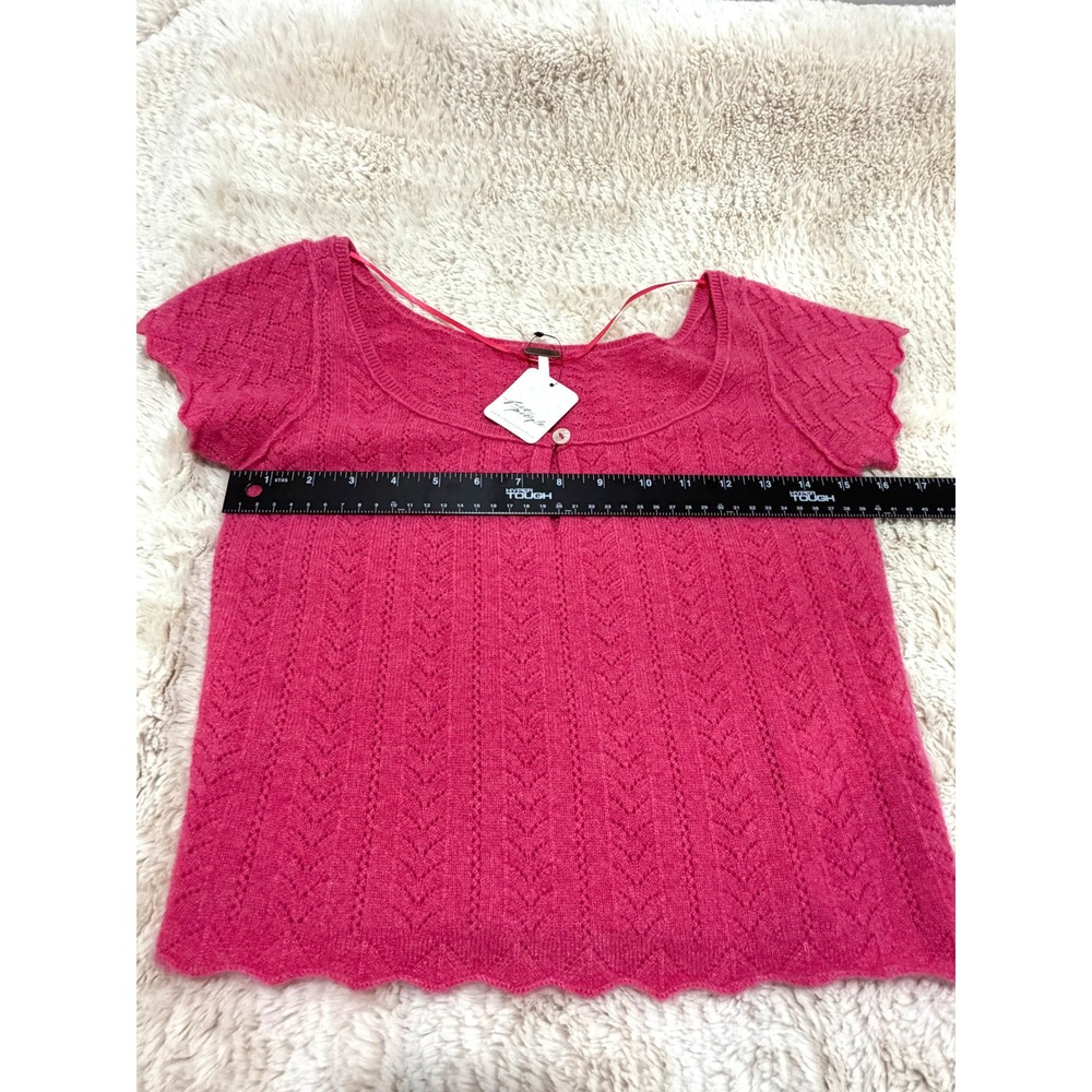 NWT Boho Free People 100% Cashmere Pointelle Knit Short Sleeve Top Calypso Pink